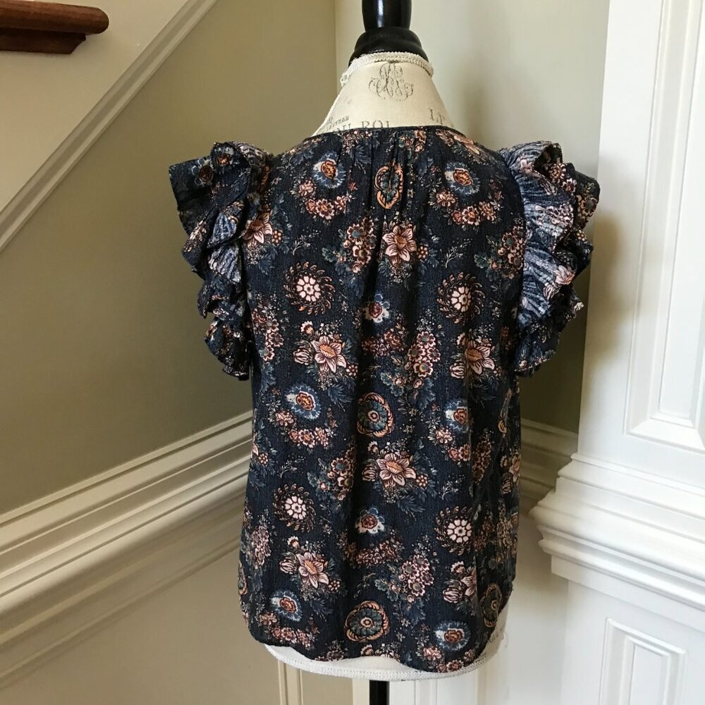 Ulla Johnson Elisa Top Shirt Blouse Womens 10 Navy Blue Flutter Sleeve Floral - Picture 11 of 12